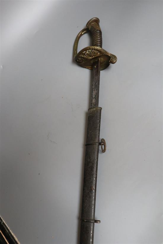 A French 1845 patterned officers sword with scabbard, horn handle, length including scabbard 103cm